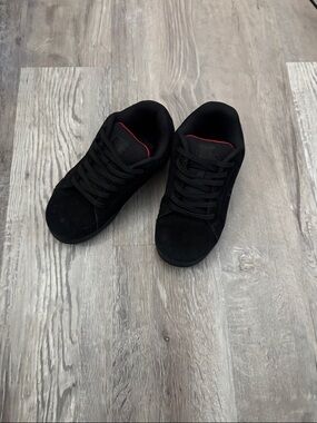 DC Black Suede Low-Top Sneakers with Red Interior Trim